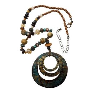 Boho Artisan Statement Necklace Patina Pendant Mixed Media
